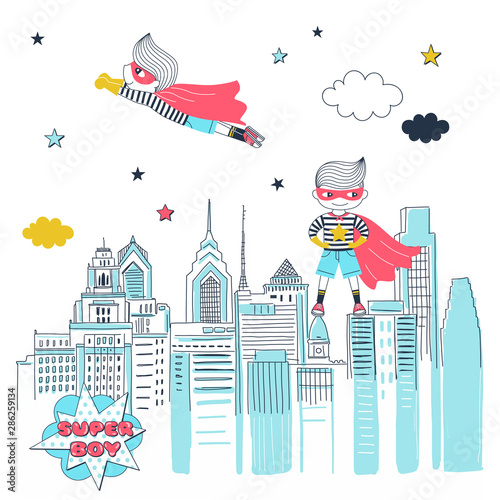 Super boy vector cartoon banner template. Brave little children in mask and cloaks comic book characters. Childhood fantasy, imagination. Super kids protecting city illustration with lettering