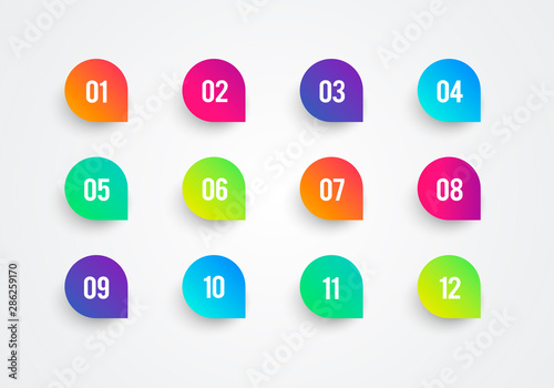 Super set arrow bullet point triangle flags on white background with colorful gradient. Markers with number 1 to 12. Modern vector illustration.