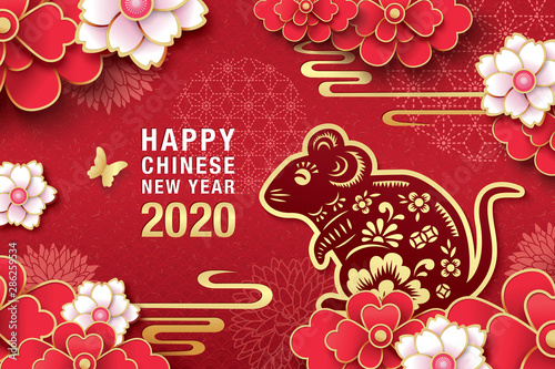 2020 Chinese New Year, year of the Rat vector design with rat in paper cutting style and blossom flowers