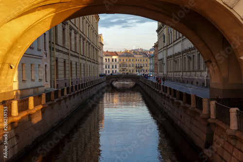 View of the winter canal at sunset. Saint Petersburg, Russia.