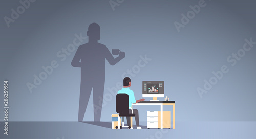 african american architect sitting at workplace busy engineer dreaming about coffee break shadow of man with cup imagination aspiration concept male cartoon character horizontal full length