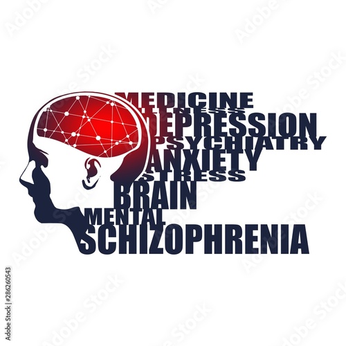 Abstract illustration of a human head with brain. Woman face silhouette. Medical theme creative concept. Connected lines with dots. Schizophrenia disease tags cloud