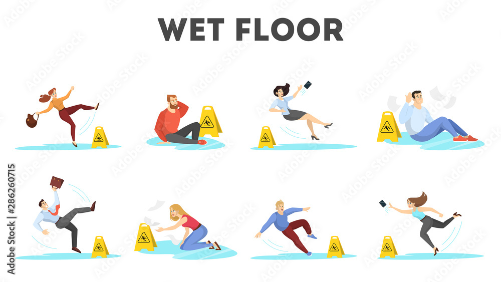 People falling on the wet floor set. Caution sign People falling on the wet floor set. Caution sign