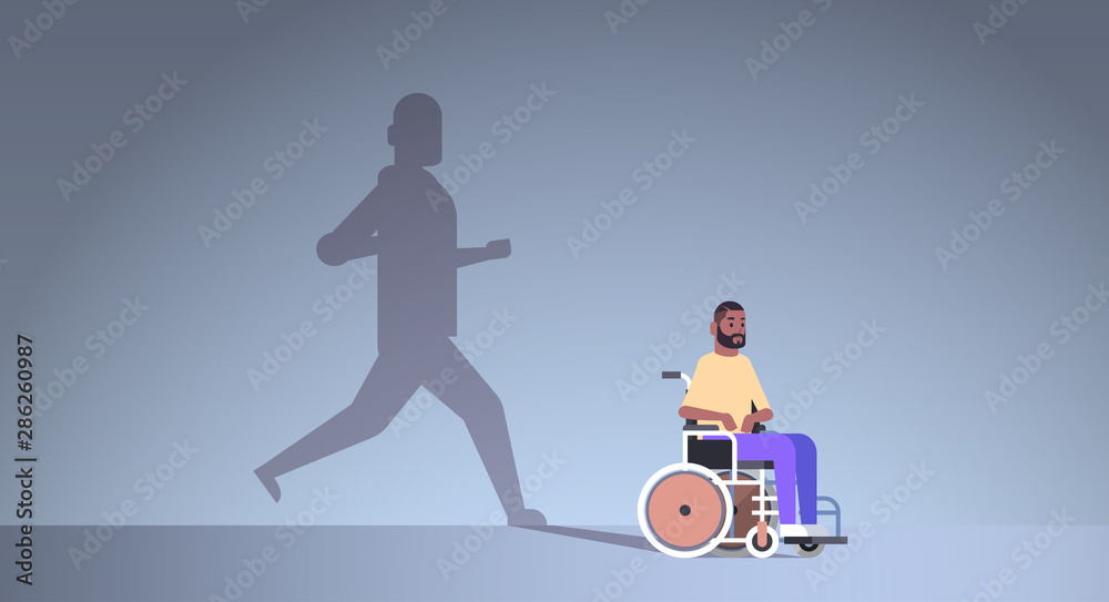 disabled african american guy on wheelchair dreaming about recovery shadow of healthy man running imagination aspiration concept male cartoon character full length flat horizontal disabled african american guy on wheelchair dreaming about recovery shadow of healthy man running imagination aspiration concept male cartoon character full length flat horizontal