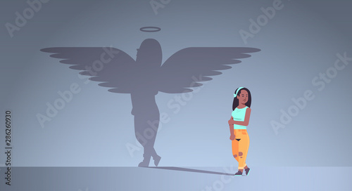 cute african american, girl with shadow of angel imagination aspiration concept female cartoon character standing pose full length flat horizontal