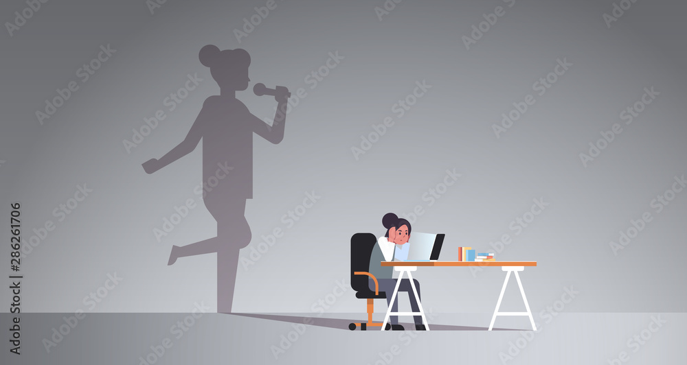 woman sitting at workplace using laptop shadow of singer holding microphone and singing imagination aspiration concept female cartoon character flat horizontal full length