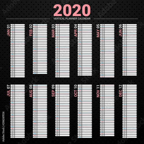Calendar 2020 planner simple style. Vertical vector design on dark background.