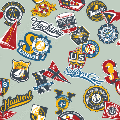 Sailing and yachting nautical badges collection vector seamless pattern for children wear