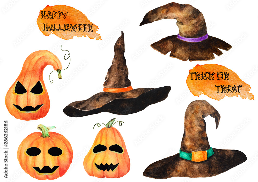 A set of Halloween pumpkin Jack and fancy Witch's hats, isolated object on the white background