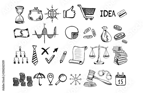 Hand drawn business symbols. Management concept with Doodle design style.