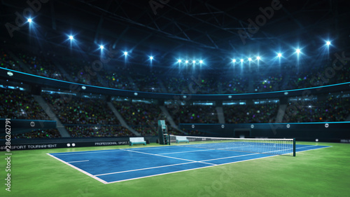 Blue tennis court and illuminated indoor arena with fans, court view, professional tennis sport 3d illustration background