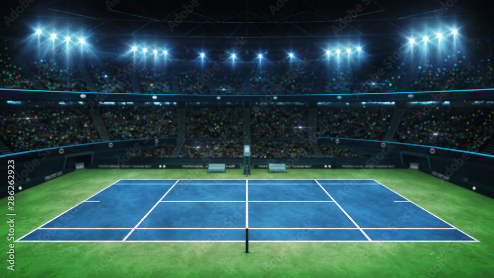 Blue tennis court and illuminated indoor arena with fans, upper side view, professional tennis sport 3d illustration background - obrazy, fototapety, plakaty 