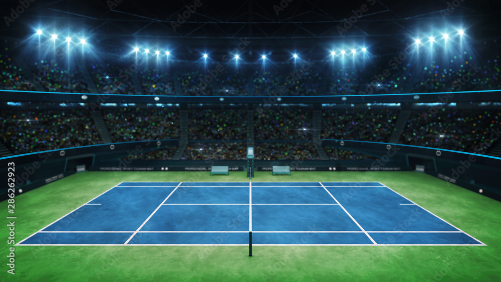 Obraz premium Niebieski kort tenisowy i oświetlona hala sportowa z fanami, widok z góry, profesjonalny sport tenisowy 3d ilustracja tło