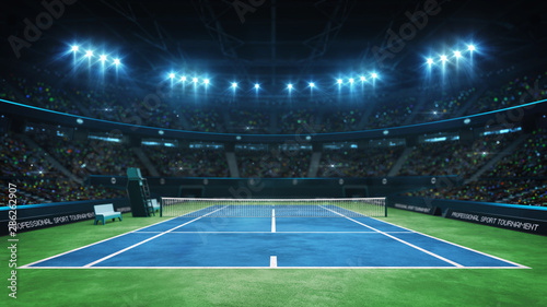 Blue tennis court and illuminated indoor arena with fans, upper front view, professional tennis sport 3d illustration background