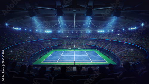 Modern tennis arena illuminated by spotlights, blue court and fans, upper side view, professional tennis sport 3d illustration background