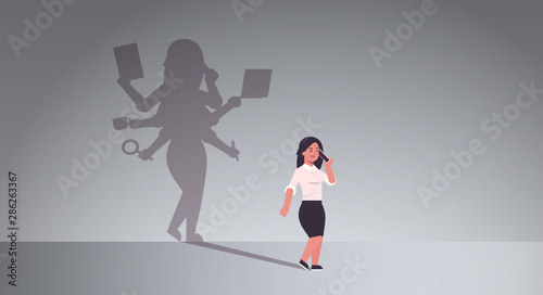 busy businesswoman talking on phone shadow of business woman with many hands multitasking overworked concept female cartoon character standing pose full length flat horizontal