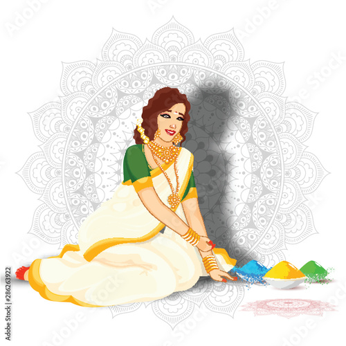 Beautiful Indian woman in sitting pose with color bowls on mandala pattern background.