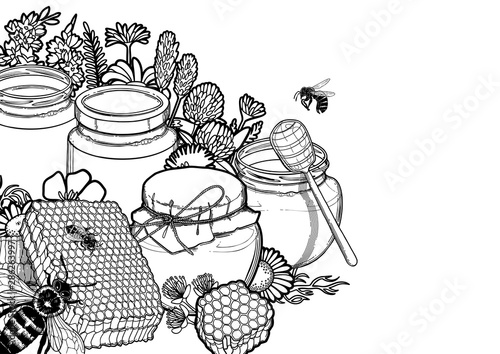 Graphic honey bottles surrounded by honeycombs, meadow flowers and bees
