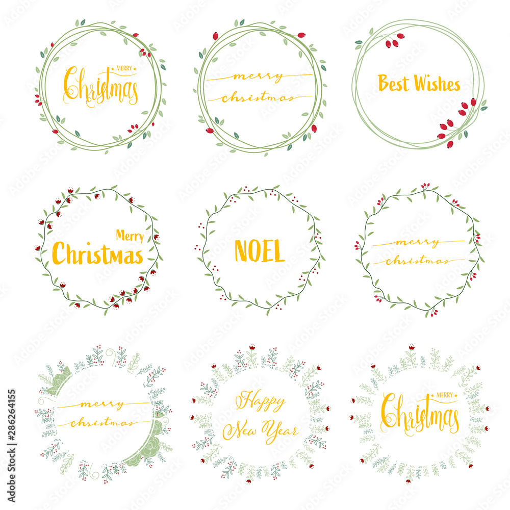 golden merry christmas calligraphy in green wreath collection
