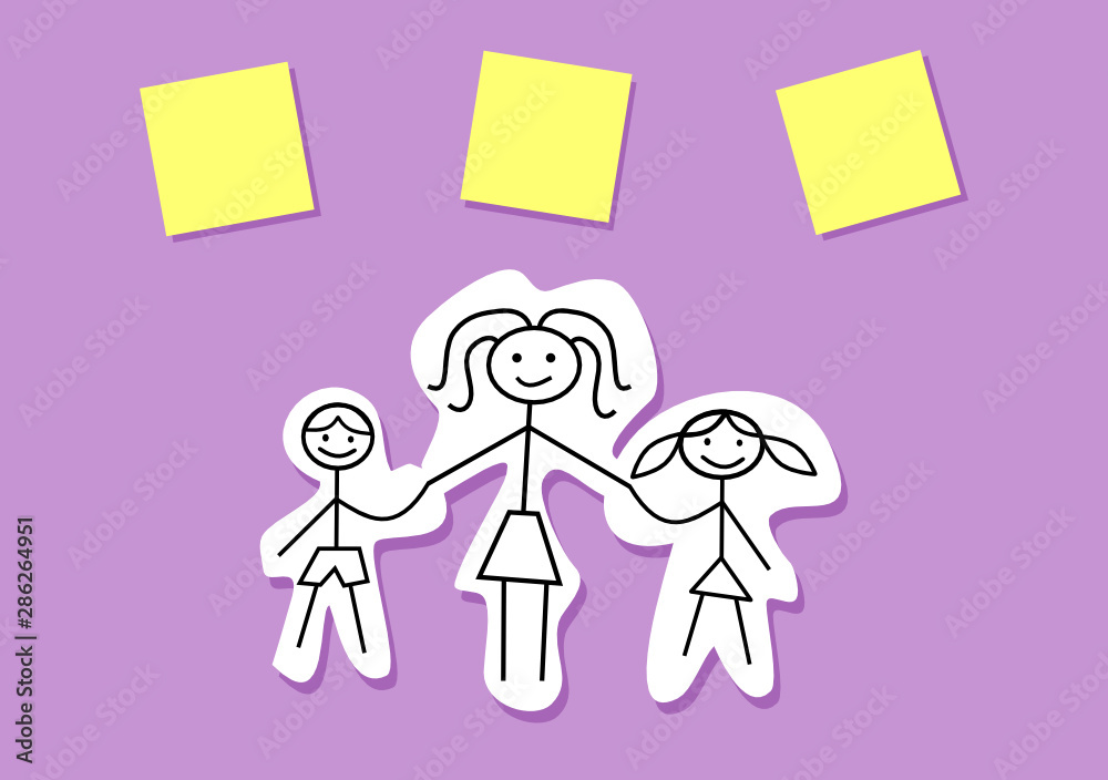 Mother with children holding hands. Happy mother's day card. Mother, son, daughter with place for names. Post it notes. Hand drawn. Children drawing style. Vector illustration. Violet background Mother with children holding hands. Happy mother's day card. Mother, son, daughter with place for names. Post it notes. Hand drawn. Children drawing style. Vector illustration. Violet background