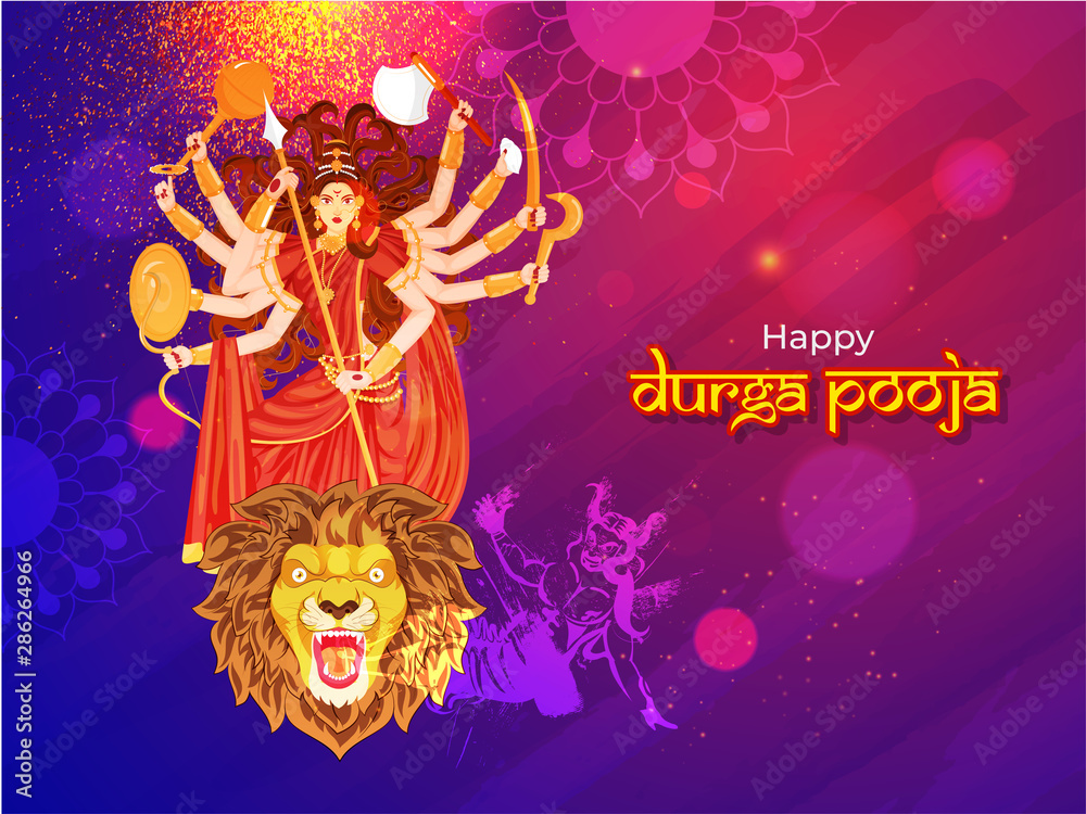 Happy Durga Pooja celebration banner or poster design with illustration of  Hindu Mythological Goddess Durga on shiny abstract background. Stock Vector  | Adobe Stock