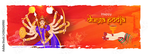 Creative header or banner design with illustration of Goddess Durga and woman hand holding dhunuchi dhoop for Happy Durga Puja celebration concept.