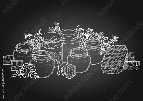 Graphic honey bottles surrounded by honeycombs, meadow flowers and bees