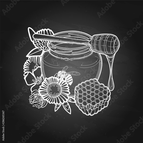 Graphic honey bottle and the dripper decorated with flowers
