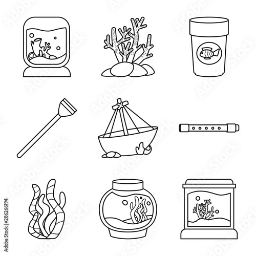 Vector design of fishbowl and accessory icon. Collection of fishbowl and care vector icon for stock.