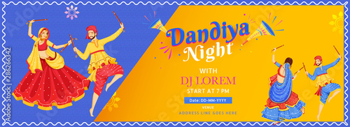 Advertising DJ party header or banner design, illustration of couple dancing with dandiya stick on occasion of Dandiya Night and event detail on abstract background.
