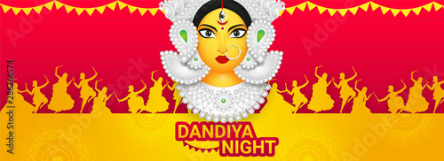 Dandiya Night header or banner design with illustration of Goddess Durga Maa and people dandiya dance on red and yellow background.