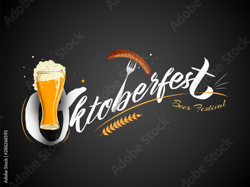 Stylish text Oktoberfest Beer Festival with wine glass, sausage fork and wheat on black background, Can used as poster or banner design.