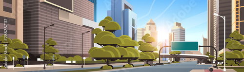 asphalt road with information banner traffic signs city skyline modern skyscrapers cityscape sunshine background flat horizontal