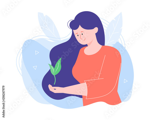 Girl character with a small plant sprout. Caring for the environment, growing trees and gardening. Vector illustration