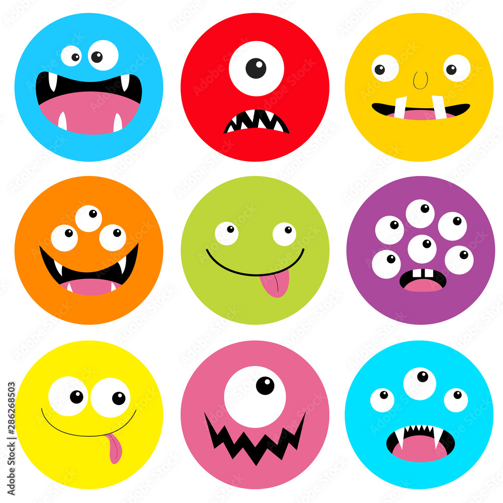 Monster head round icon set. Boo Spooky Screaming smiling sad face emotion. Three eyes, tongue, teeth fang, mouse. Happy Halloween card. Flat design style. White background.