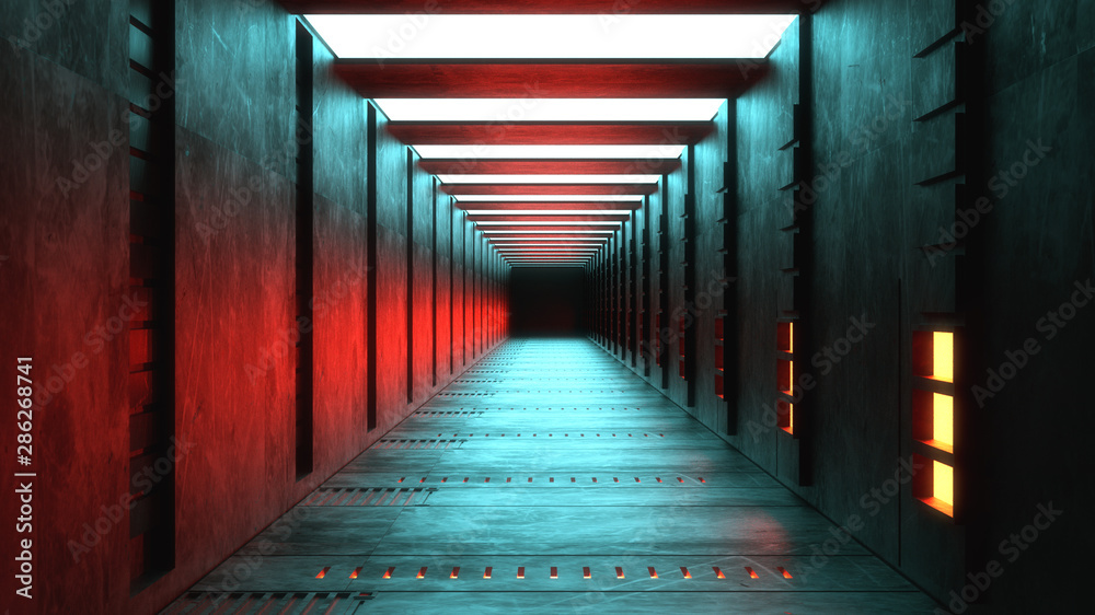 Fototapeta premium 3d render wnętrza. Futurystyczny korytarz. Projekt koncepcyjny wnętrz