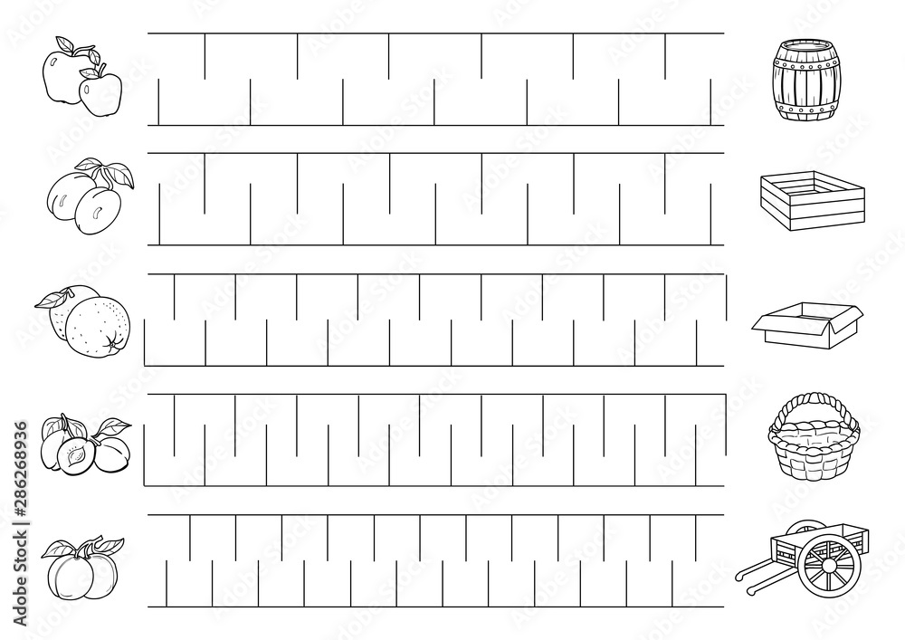 Preschool worksheet for practicing fine motor skills - tracing lines from  vegetables to box, basket, barrel, trolley. Stock Vector | Adobe Stock