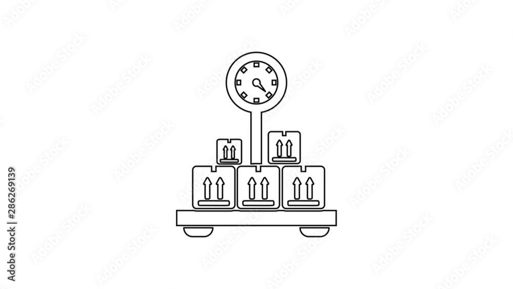 Black Scale with cardboard box line icon on white background. Logistic and delivery. Weight of delivery package on a scale. 4K Video motion graphic animation Black Scale with cardboard box line icon on white background. Logistic and delivery. Weight of delivery package on a scale. 4K Video motion graphic animation