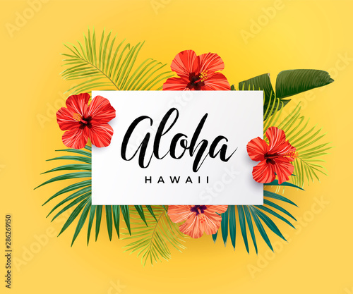 Tropical vector design with green palm leaves, hibiscus flowers, pineapples and hand drawn Aloha inscription. Summer hawaiian illustration.