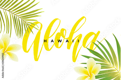 Tropical vector design with green palm leaves, plumeria flowers, pineapples and hand drawn Aloha inscription. Summer hawaiian illustration.
