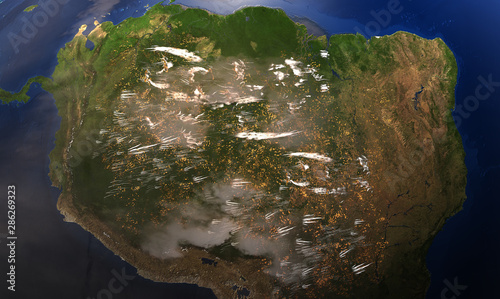 Fires in the Amazon rainforest seen from space- 3D illustration