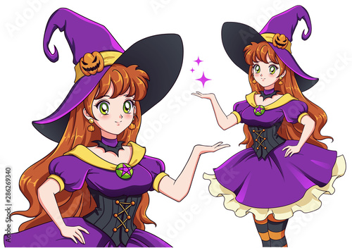 Pretty young witch. Announce Halloween Party. Hand drawn retro anime girl