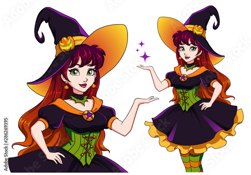 Pretty young witch. Announce Halloween Party. Hand drawn cartoon girl