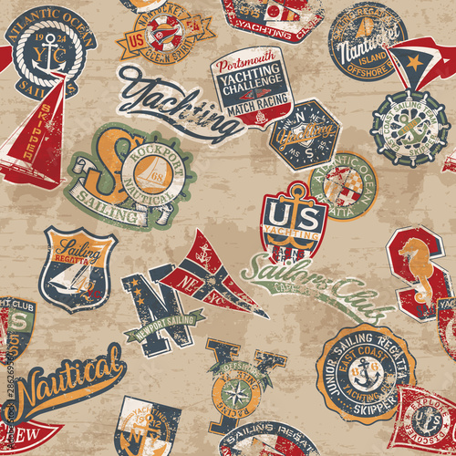 Sailing and yachting nautical badges collection vector seamless pattern for children wear grunge effect in separate layers