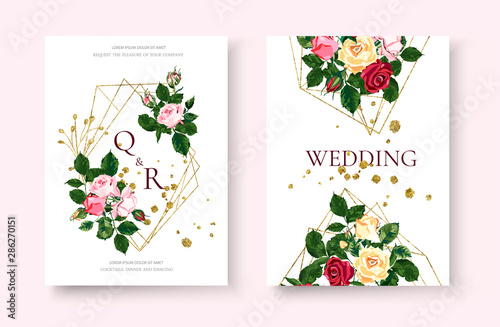 Wedding floral golden geometric invitation card with flowers roses