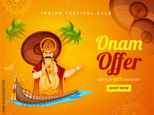 Advertising sale poster or banner design with 50% discount offer, illustration of King Mahabali and Aranmula boat race for Happy Onam festival celebration concept. photo