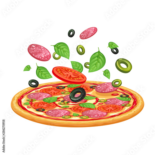 Vector pizza with pepperony, mozarella and tomato.