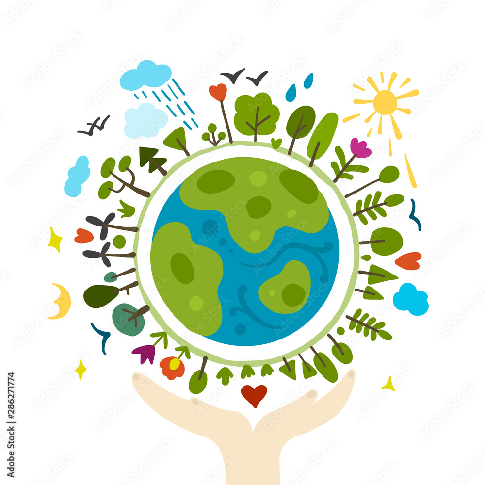 hands human holding the earth globe with tree, sun, rain cloud, line or  doodle, hand drawing black and white, earth planet ecology of world  environment day concept. Sketch image 23845306 Vector Art