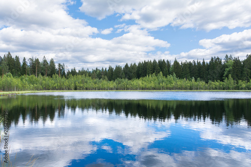 Panorama landscape. forest and lake beautiful and colorful scene.clouds reflection in the water