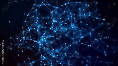 Abstract composition with connecting dots and lines. Blue background. Plexus effect.